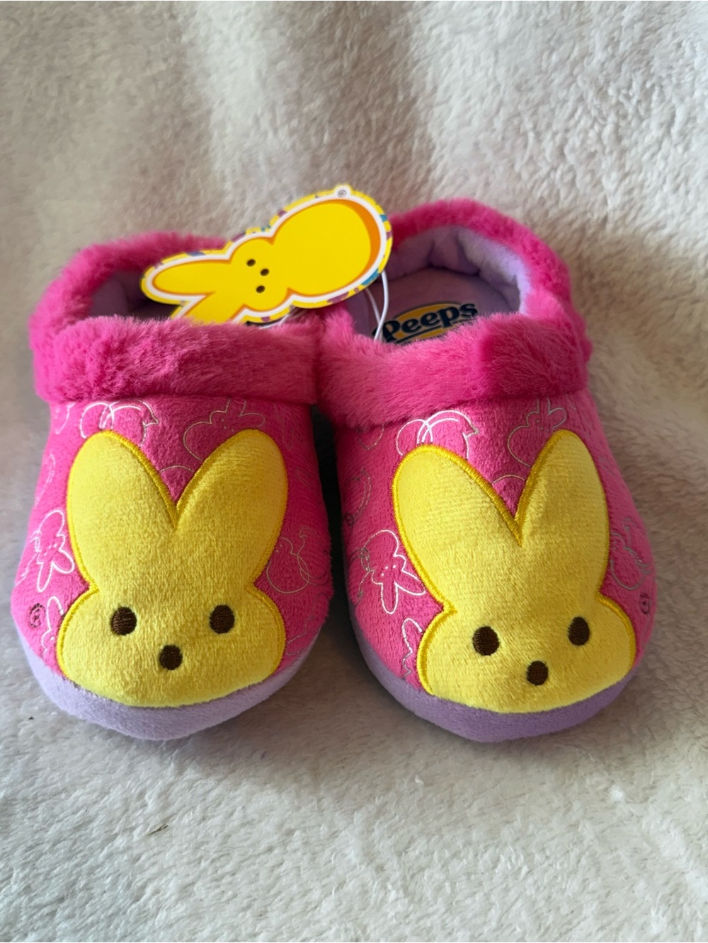 Peeps Pink & Yellow‎ Bunny Slippers faux Fur 9-10 Girls